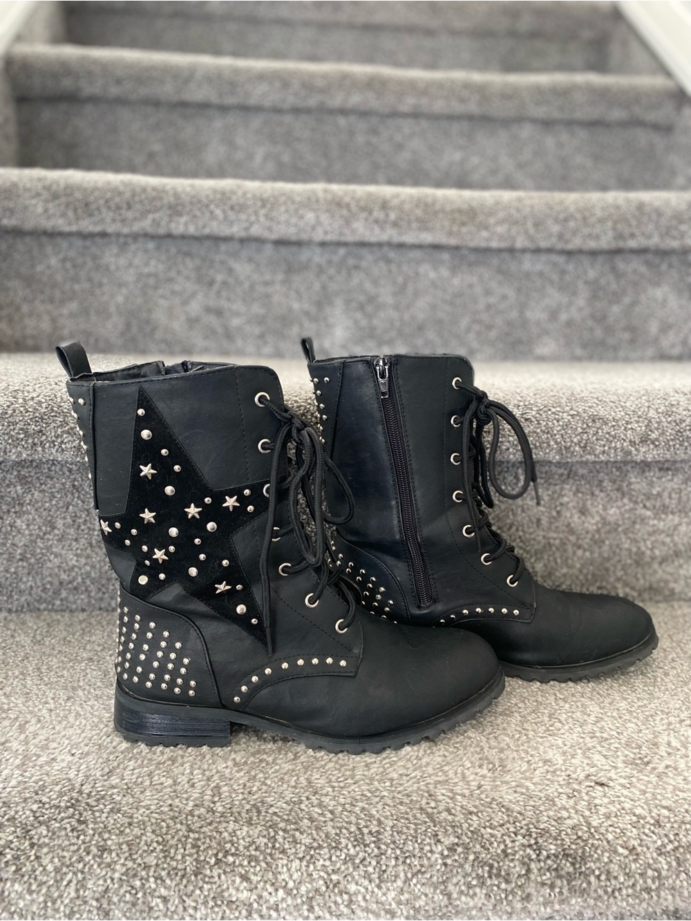 Women's Black Star Stud Combat Boots